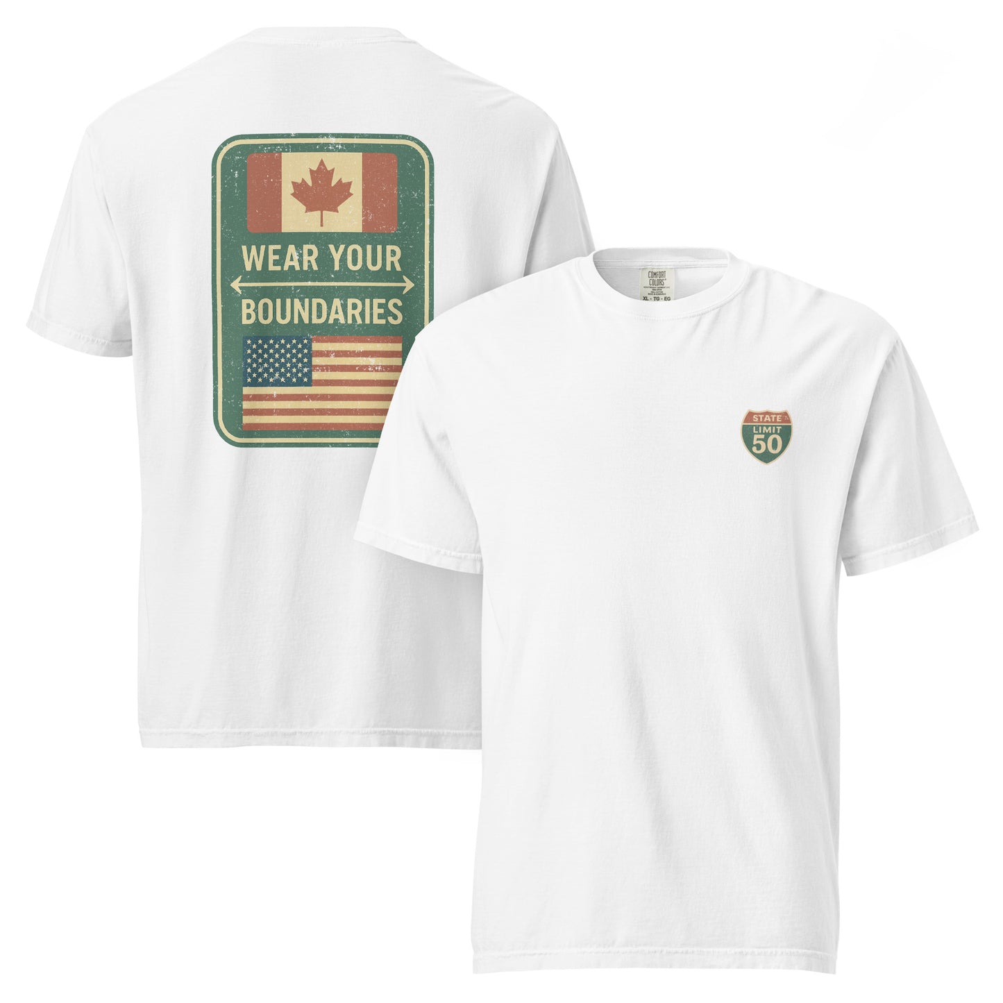 White graphic t-shirt with a 'Canadian Shield | Boundaries' road sign design by State Limit Apparel.