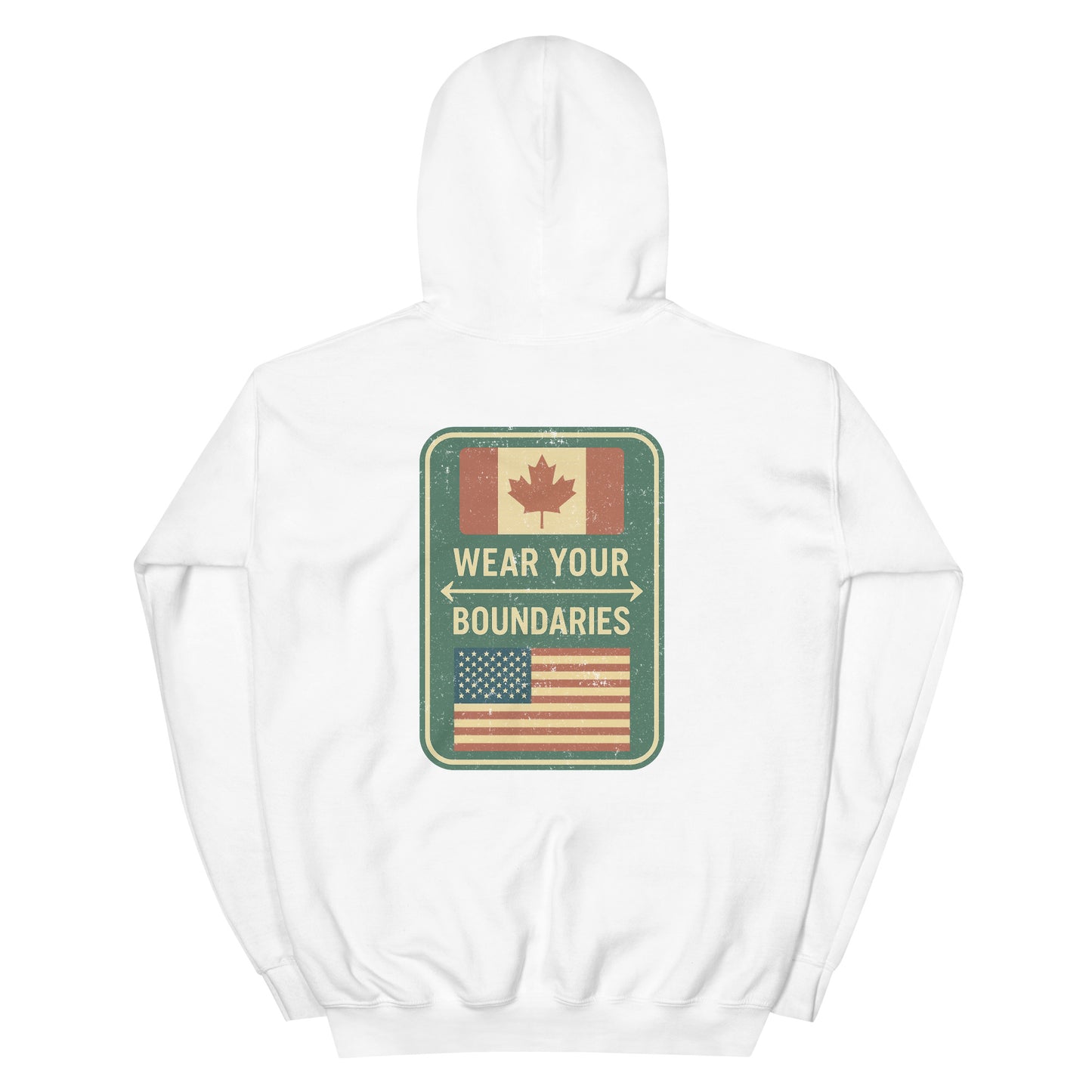 White hoodie with a 'Canadian Shield | Boundaries' road sign bold graphic on back by State Limit Apparel.