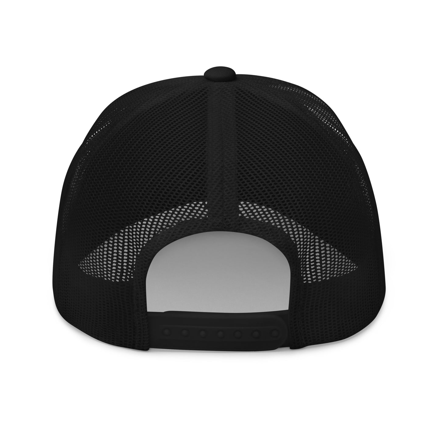 Back view of a black retro trucker hat by State Limit Apparel showing the back mesh & adjustable plastic snap closure.