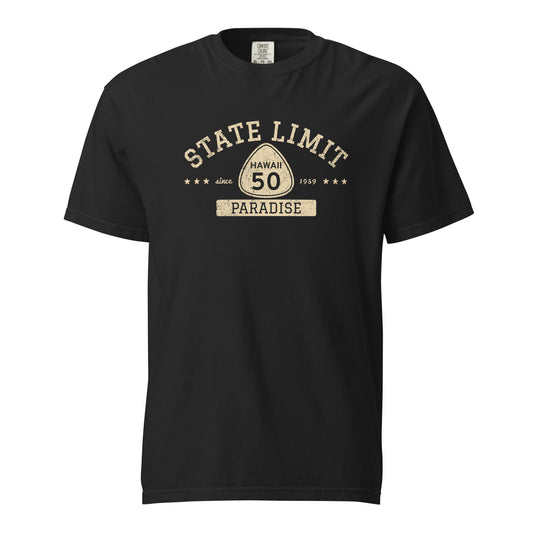 Black graphic t-shirt with a 'Hawaii 50 | Paradise' road sign design by State Limit Apparel.