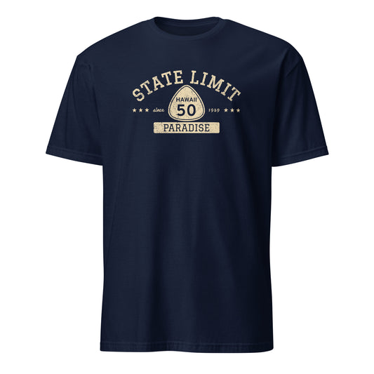 Navy blue graphic t-shirt with a 'Hawaii 50 | Paradise' road sign design by State Limit Apparel.