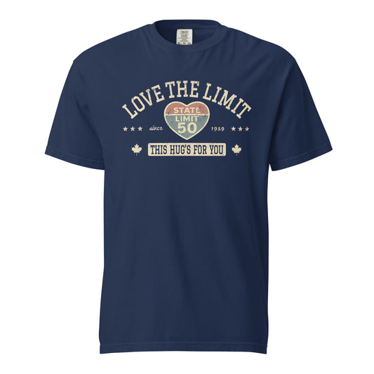 True Navy graphic t-shirt with a 'Love the Limit | This Hug's for You' road sign inspired design by State Limit Apparel.