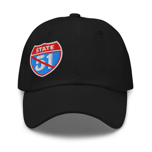 Black classic dad hat embroidered with a 'Road Closed | Not the 51st State' graphic by State Limit Apparel.