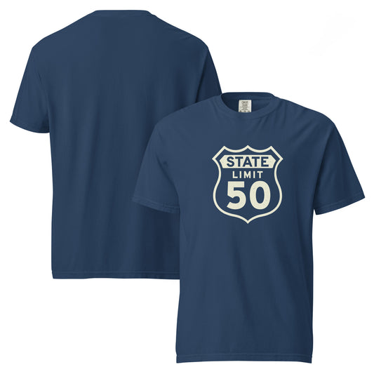 'True navy' graphic t-shirt with a 'Route 50 | Canadian Sovereignty' road sign design by State Limit Apparel.