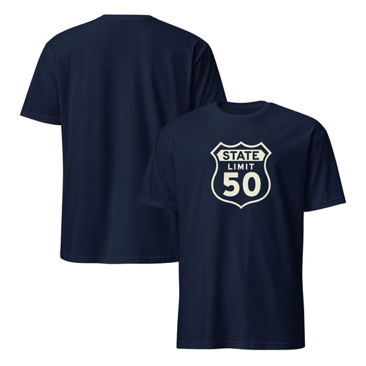 Navy blue graphic t-shirt with a 'Route 50 | Canadian Sovereignty' road sign design by State Limit Apparel.