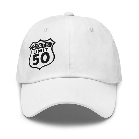 White classic dad hat embroidered with a 'Route 50 | Canadian Sovereignty' graphic by State Limit Apparel.