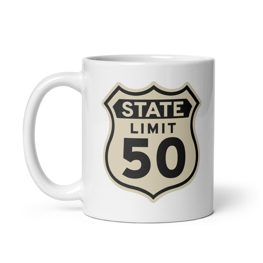 White ceramic mug with a 'Route 50 | Canadian Sovereignty' graphic by State Limit Apparel.