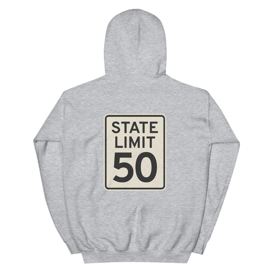 Sport Grey hoodie with a 'State Limit | Keep Canada Canadian' road sign bold graphic by State Limit Apparel on the back.