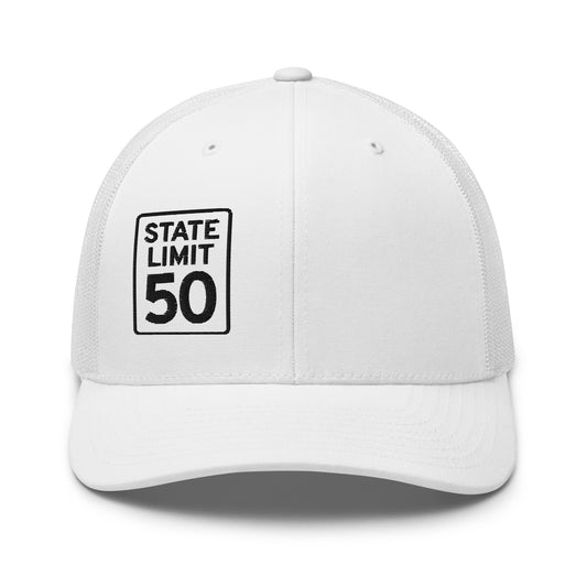 White retro trucker hat embroidered with a 'State Line | 50 is Just Fine' road sign graphic by State Limit Apparel.