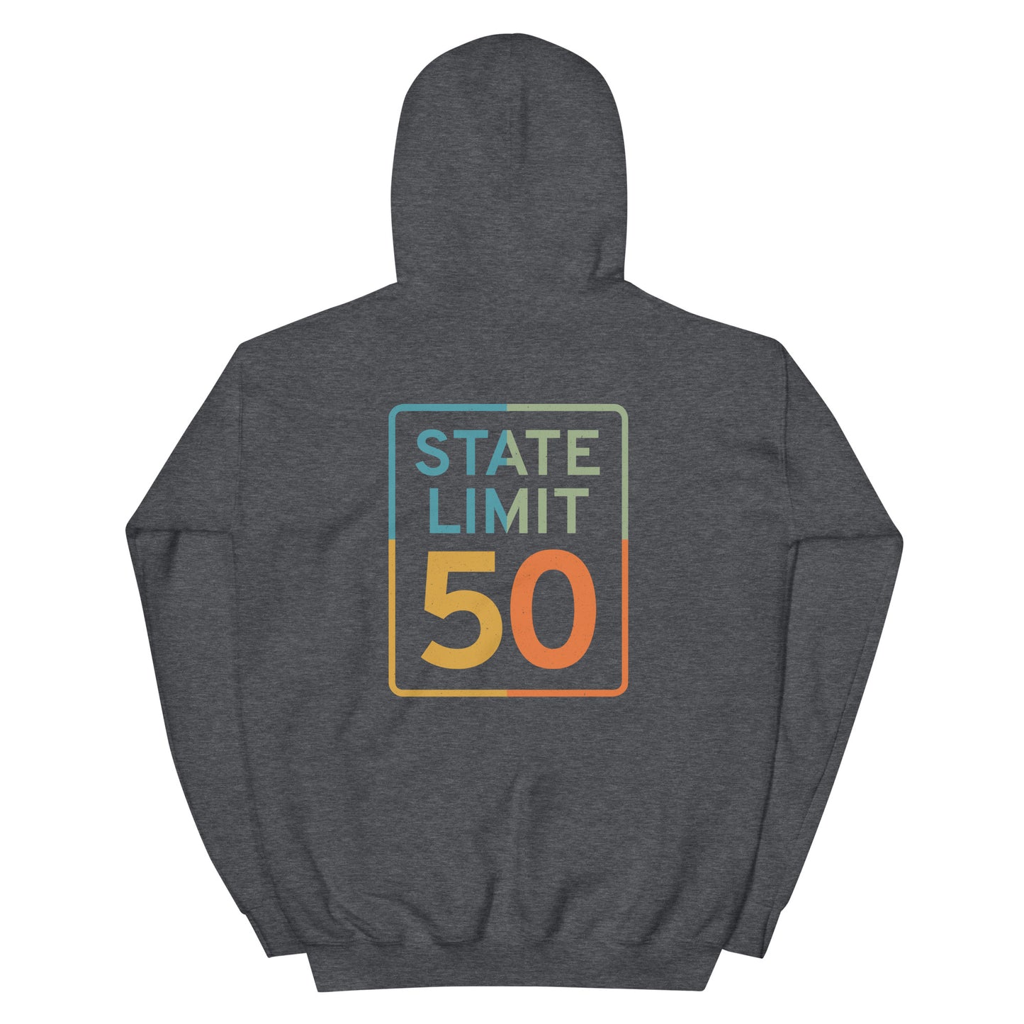 Dark Heather hoodie with a 'True Colours | Canadian Pride' road sign bold graphic on the back by State Limit Apparel.