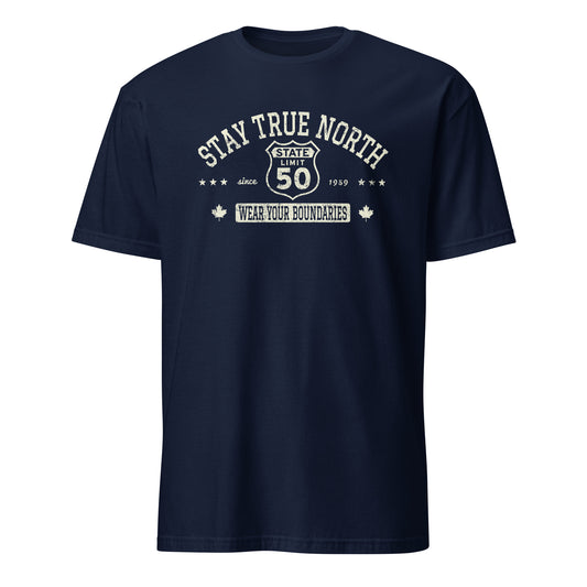 Navy blue graphic t-shirt with a 'Route 50 | Stay True North' road sign design by State Limit Apparel.