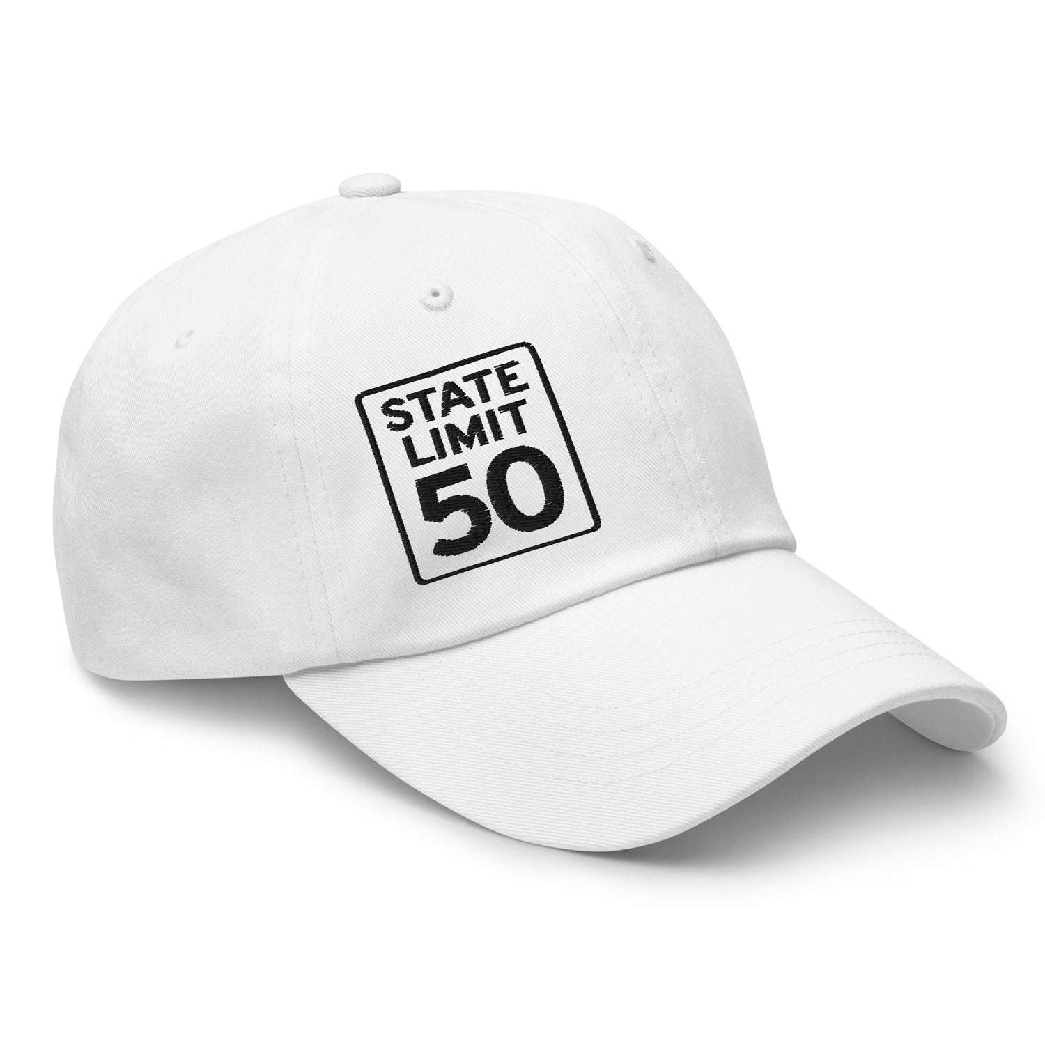 White classic dad hat embroidered with a 'State Line | 50 is Just Fine' road sign graphic by State Limit Apparel.