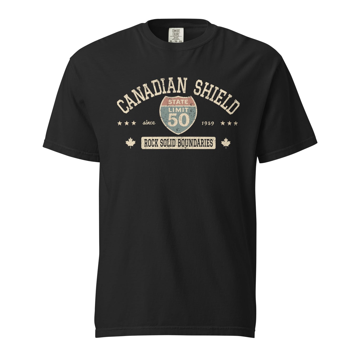 Black graphic t-shirt with a 'Canadian Shield | Rock Solid' road sign design by State Limit Apparel