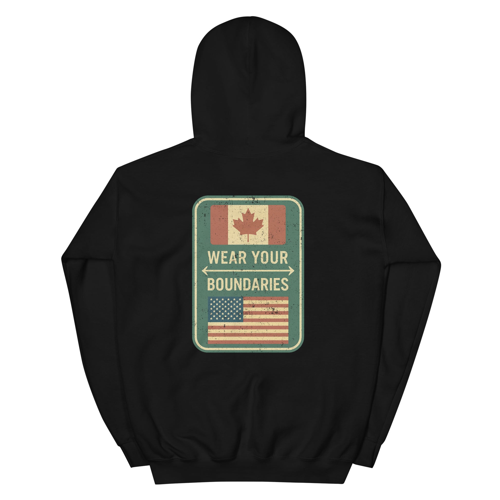 Black hoodie with a 'Canadian Shield | Boundaries' road sign bold graphic on back by State Limit Apparel.