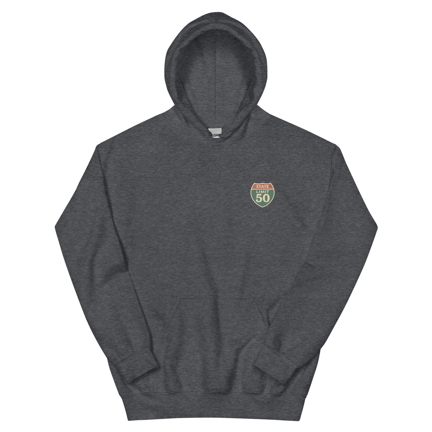 Dark Heather graphic hoodie with a 'Canadian Shield | Boundaries' road sign crest on front by State Limit Apparel.