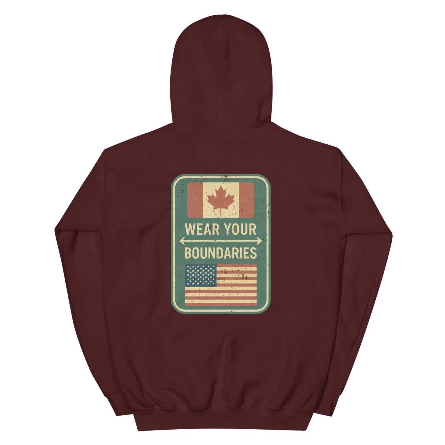 Maroon hoodie with a 'Canadian Shield | Boundaries' road sign bold graphic on back by State Limit Apparel.
