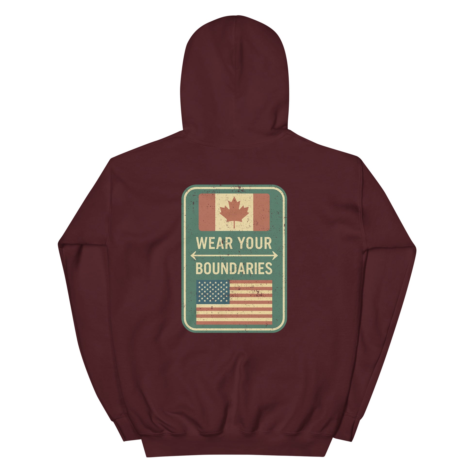 Maroon hoodie with a 'Canadian Shield | Boundaries' road sign bold graphic on back by State Limit Apparel.