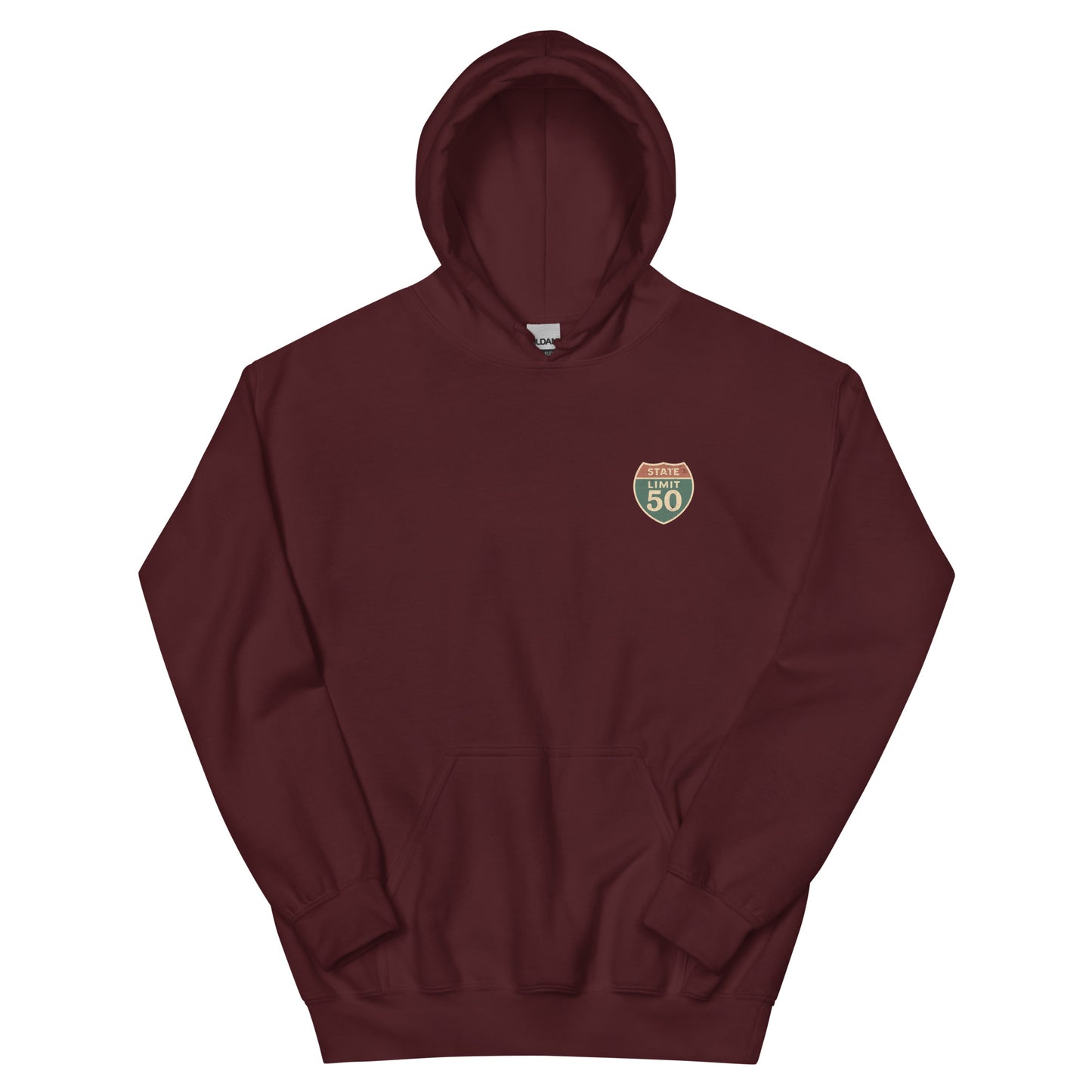 Maroon graphic hoodie with a 'Canadian Shield | Boundaries' road sign crest on front by State Limit Apparel.