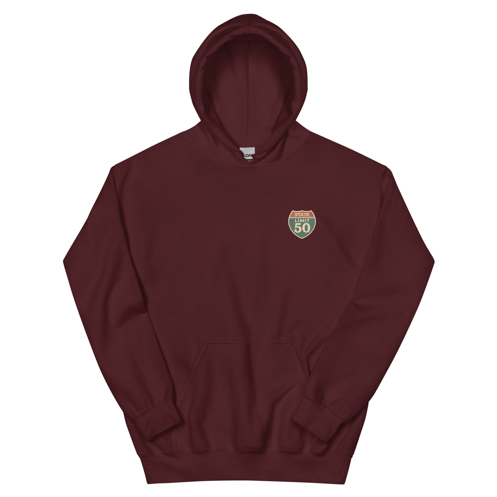 Maroon graphic hoodie with a 'Canadian Shield | Boundaries' road sign crest on front by State Limit Apparel.