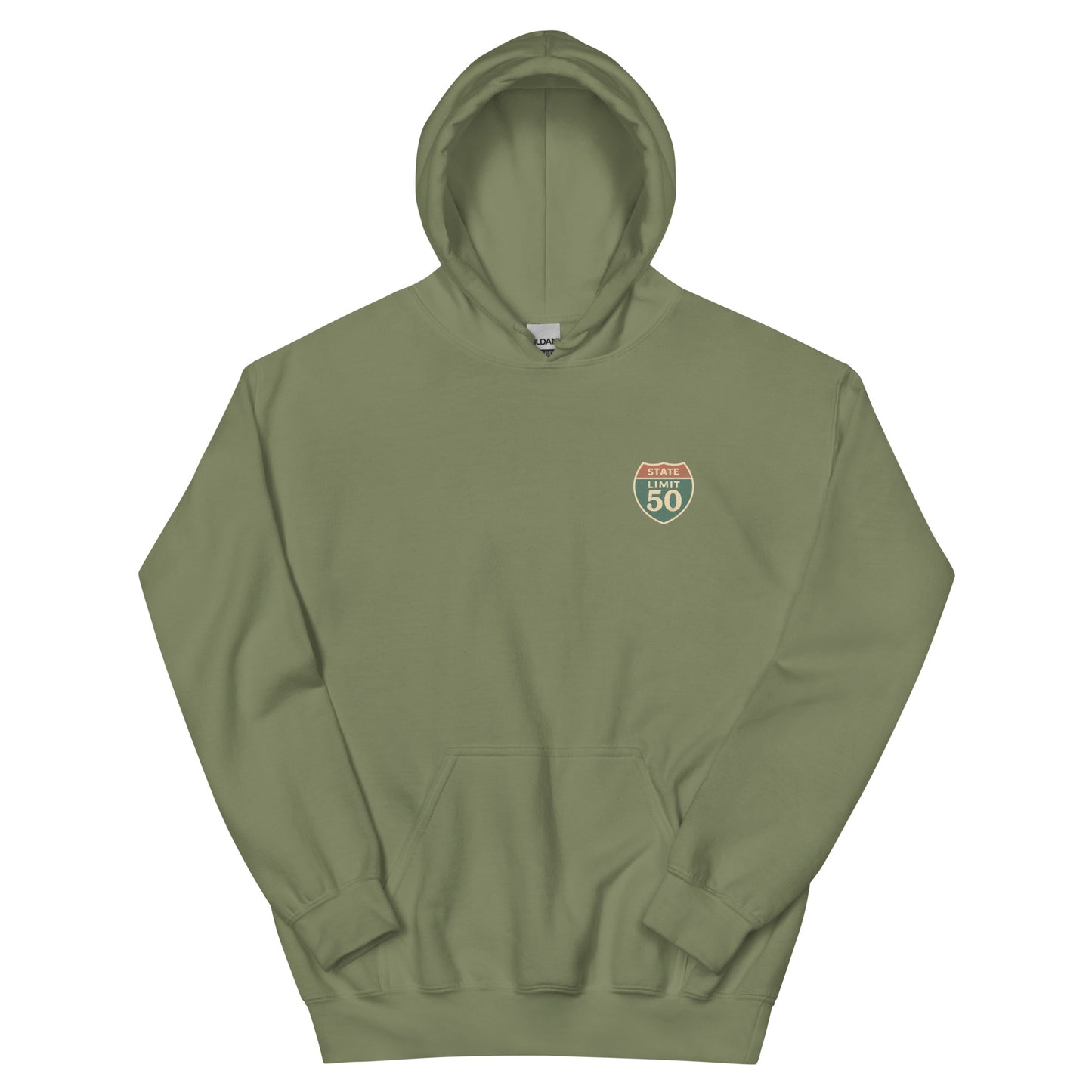 Military Green graphic hoodie with a 'Canadian Shield | Boundaries' road sign crest on front by State Limit Apparel.