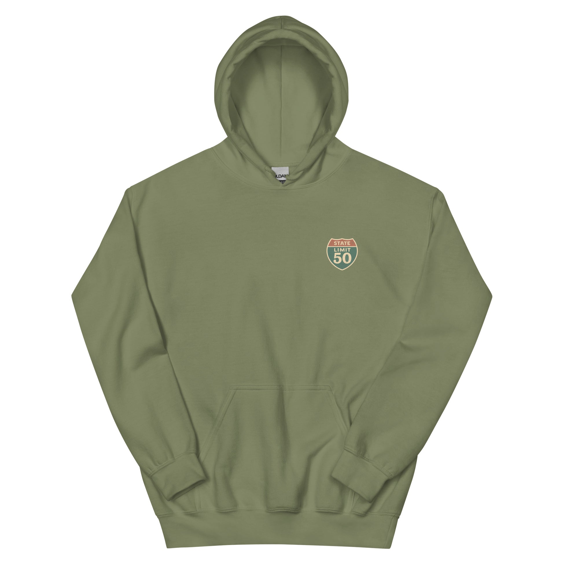 Military Green graphic hoodie with a 'Canadian Shield | Boundaries' road sign crest on front by State Limit Apparel.