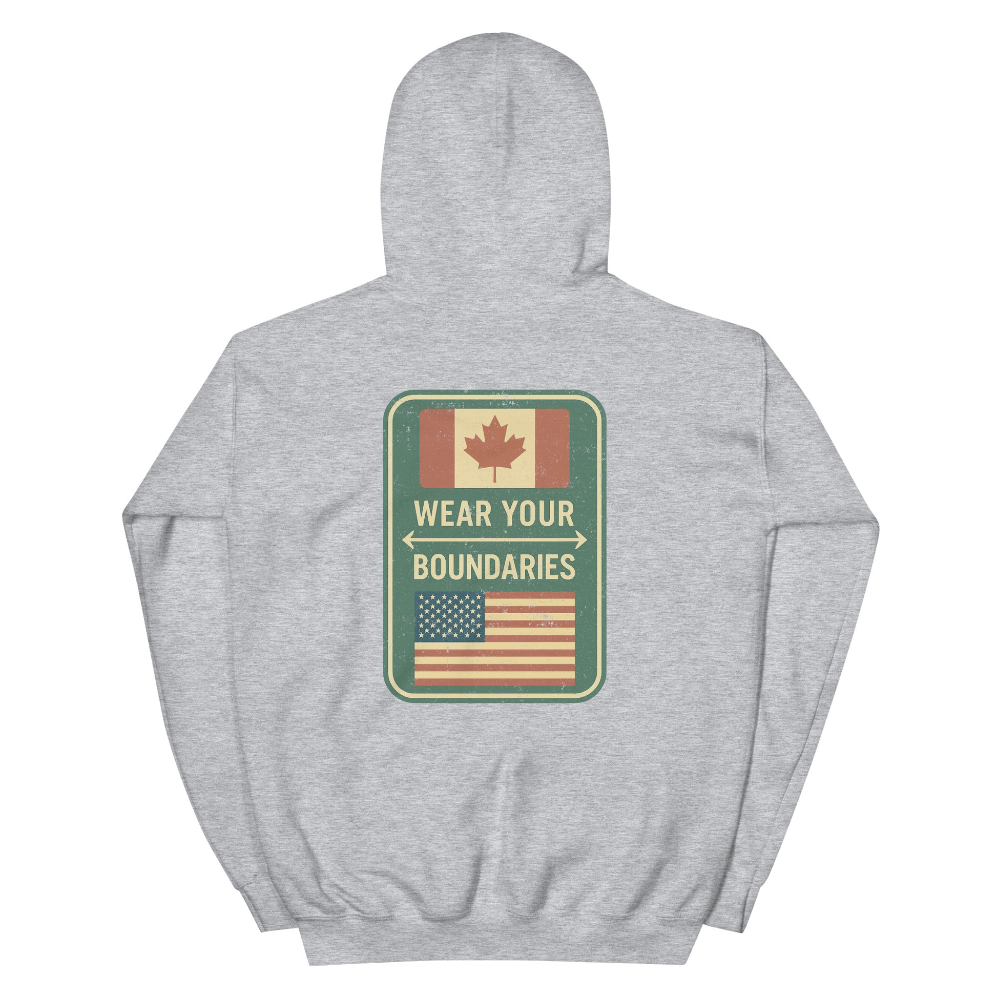 Sport grey hoodie with a 'Canadian Shield | Boundaries' road sign bold graphic on back by State Limit Apparel.