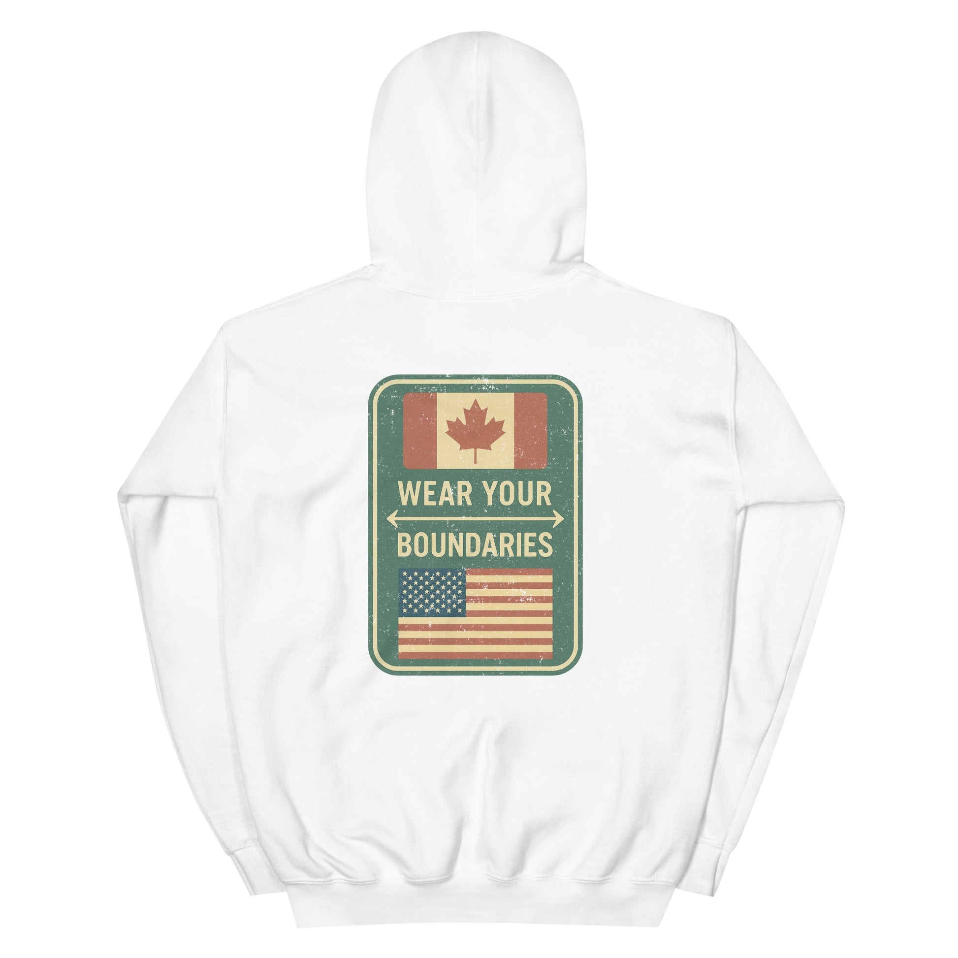 White hoodie with a 'Canadian Shield | Boundaries' road sign bold graphic on back by State Limit Apparel.