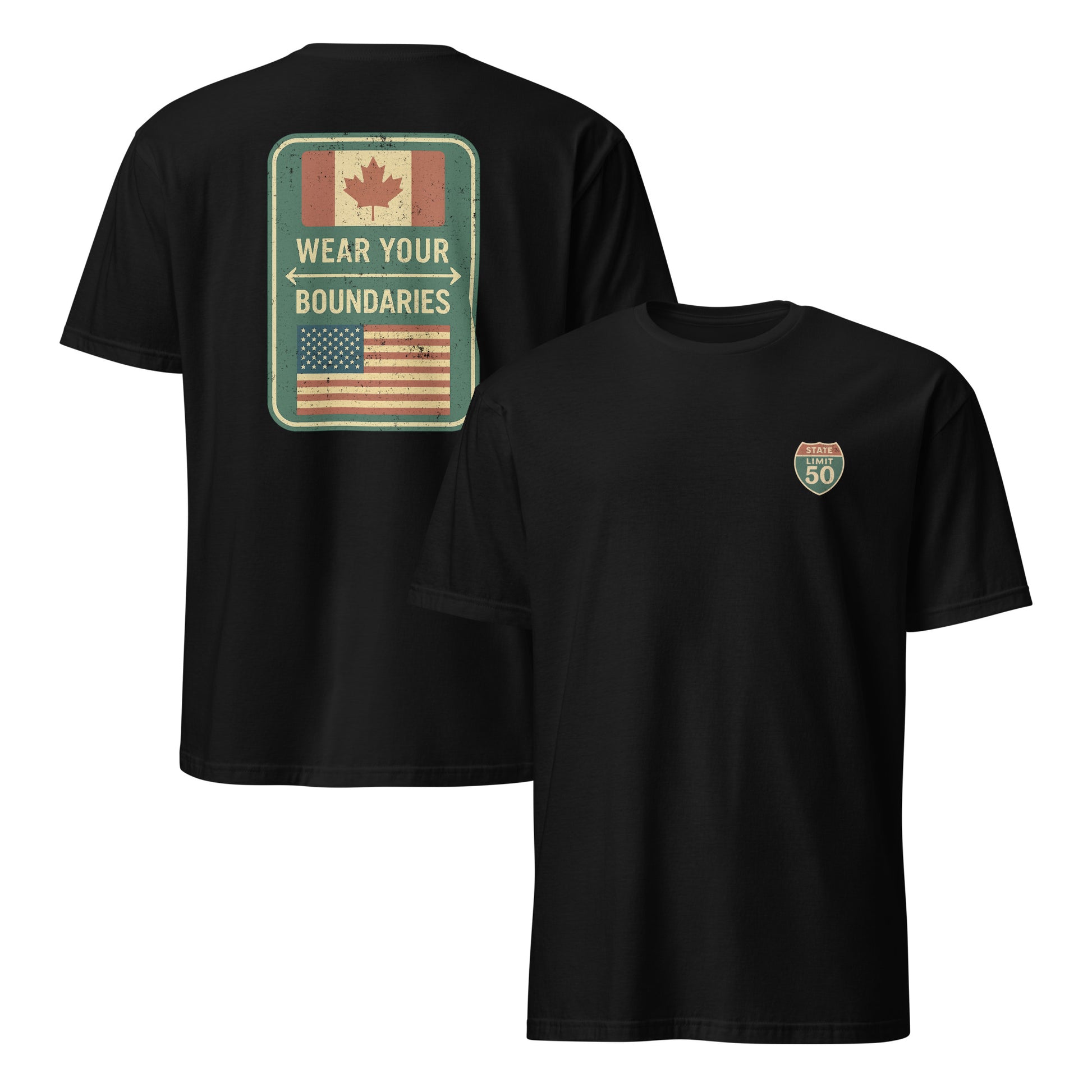 Black graphic t-shirt with a 'Canadian Shield | Boundaries' road sign design by State Limit Apparel.
