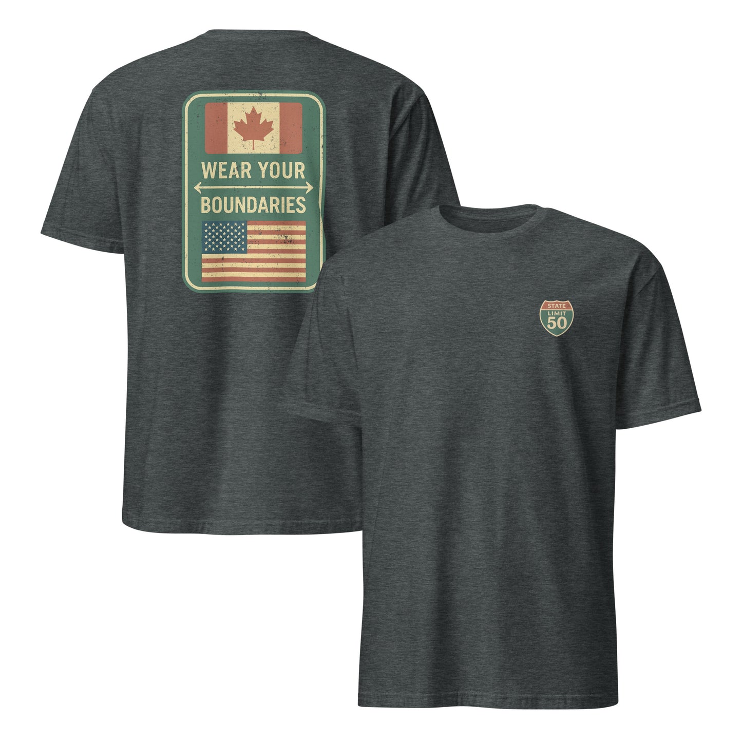 Dark Heather graphic t-shirt with a 'Canadian Shield | Boundaries' road sign design by State Limit Apparel.