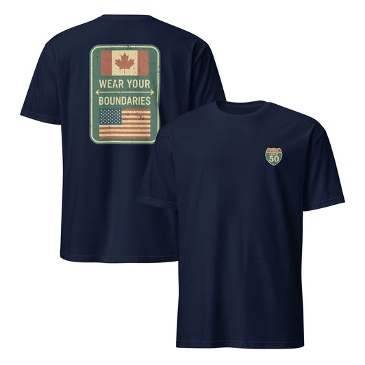 Navy blue graphic t-shirt with a 'Canadian Shield | Boundaries' road sign design by State Limit Apparel.