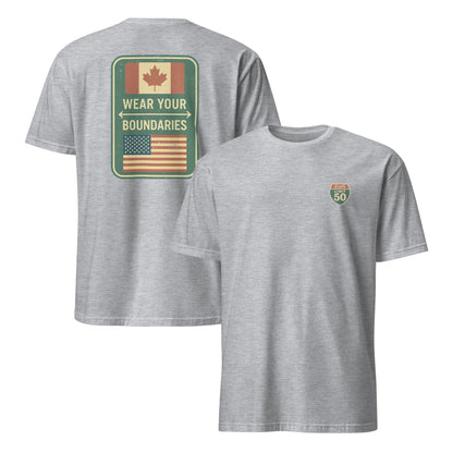 Sport Grey graphic t-shirt with a 'Canadian Shield | Boundaries' road sign design by State Limit Apparel.