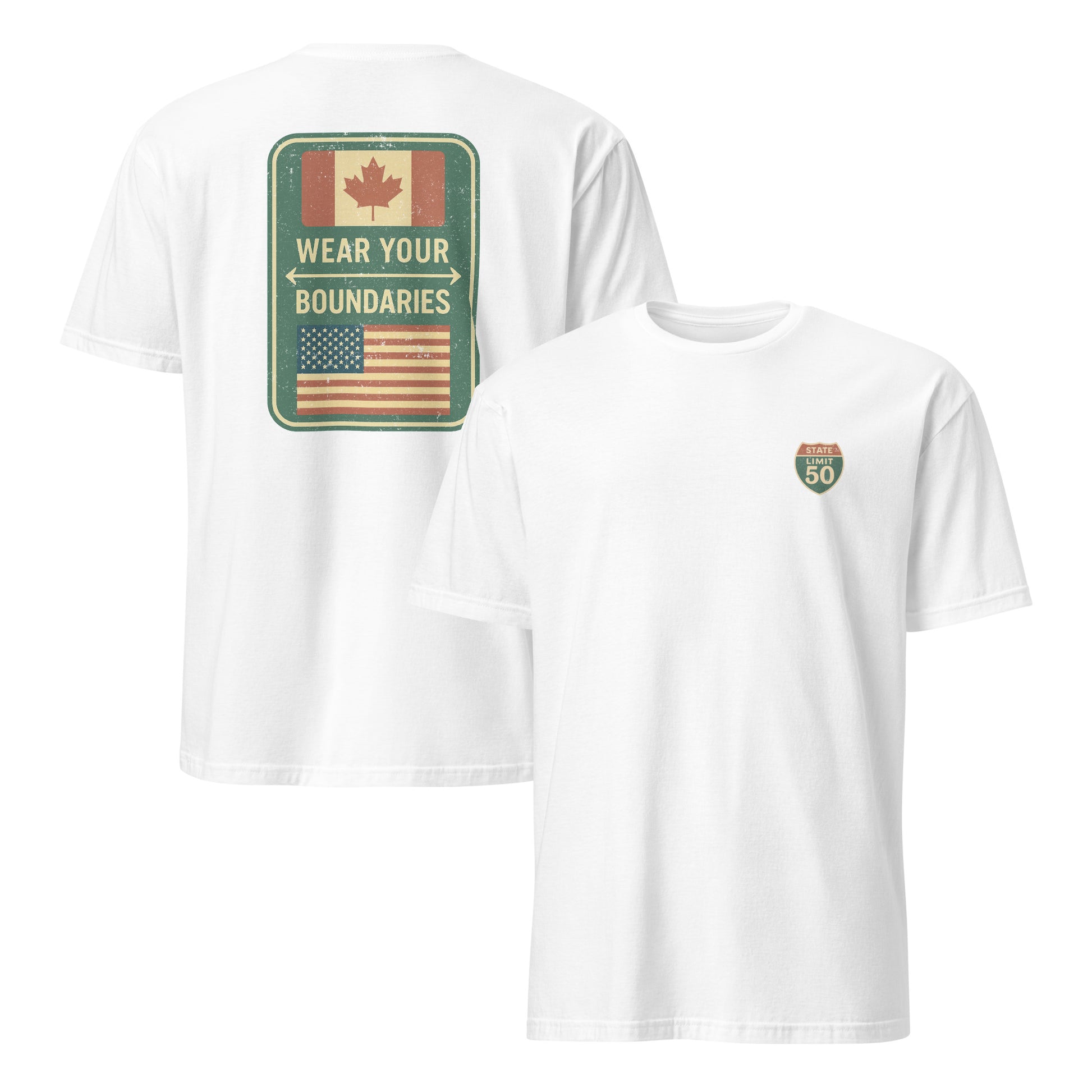 White graphic t-shirt with a 'Canadian Shield | Boundaries' road sign design by State Limit Apparel.