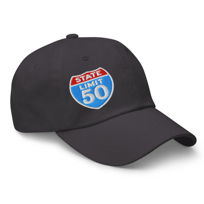 Dark grey classic dad hat embroidered with a 'Canadian Shield | On Guard for Thee' graphic by State Limit Apparel.