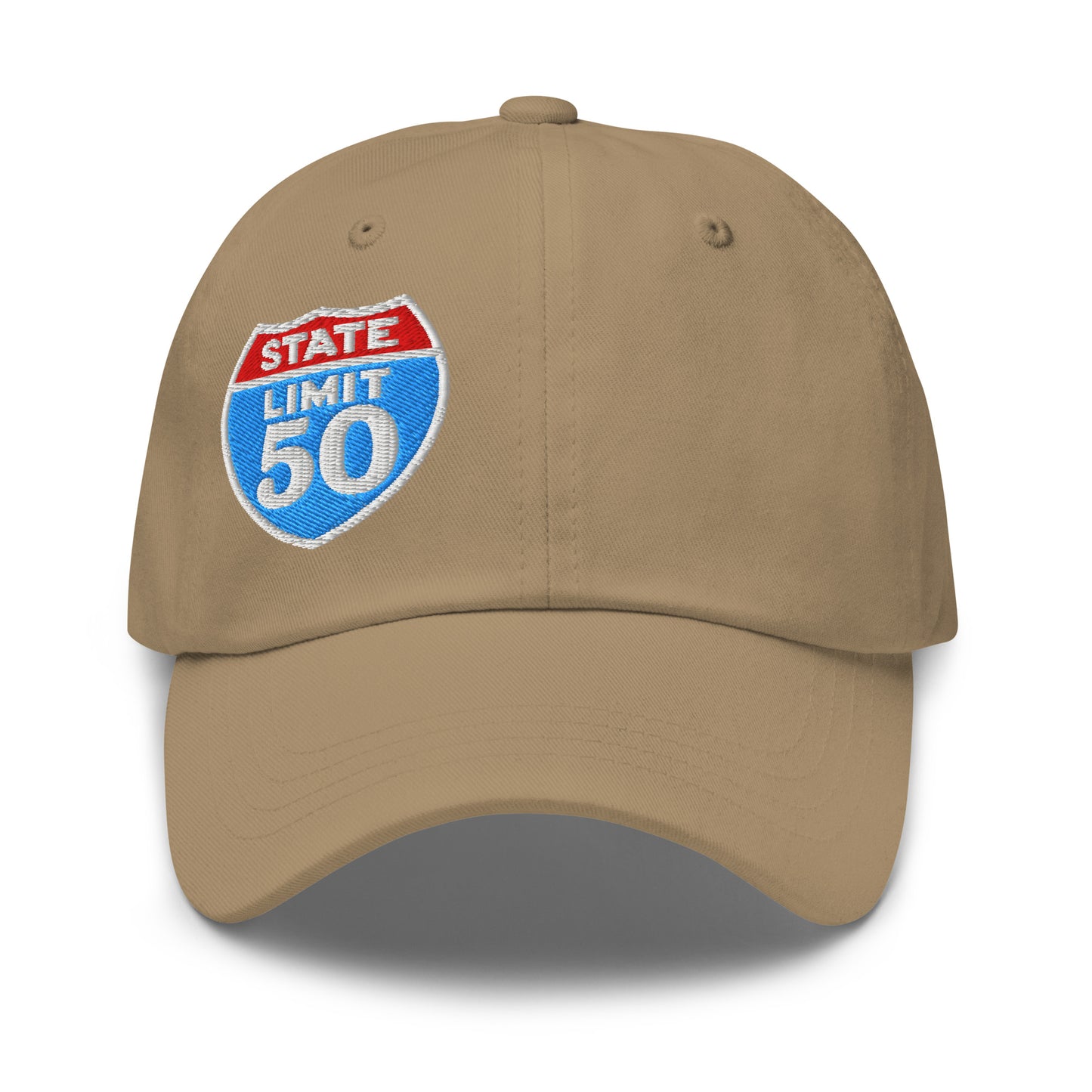 Khaki classic dad hat embroidered with a 'Canadian Shield | On Guard for Thee' graphic by State Limit Apparel.