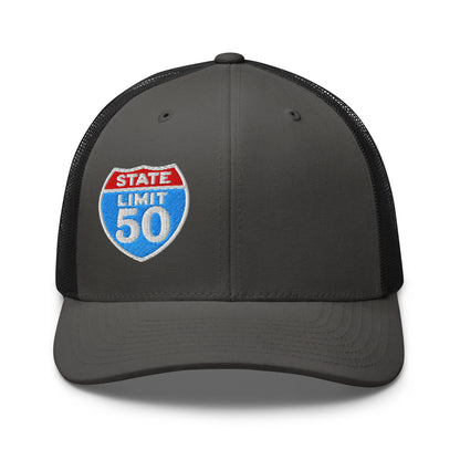 Charcoal-black retro trucker hat embroidered with a 'Canadian Shield | On Guard for Thee' graphic by State Limit Apparel.