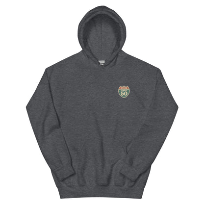 Dark Heather graphic hoodie with a 'Canadian Shield | On Guard for Thee' road sign design by State Limit Apparel.