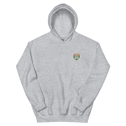 Sport Grey graphic hoodie with a 'Canadian Shield | On Guard for Thee' road sign design by State Limit Apparel.