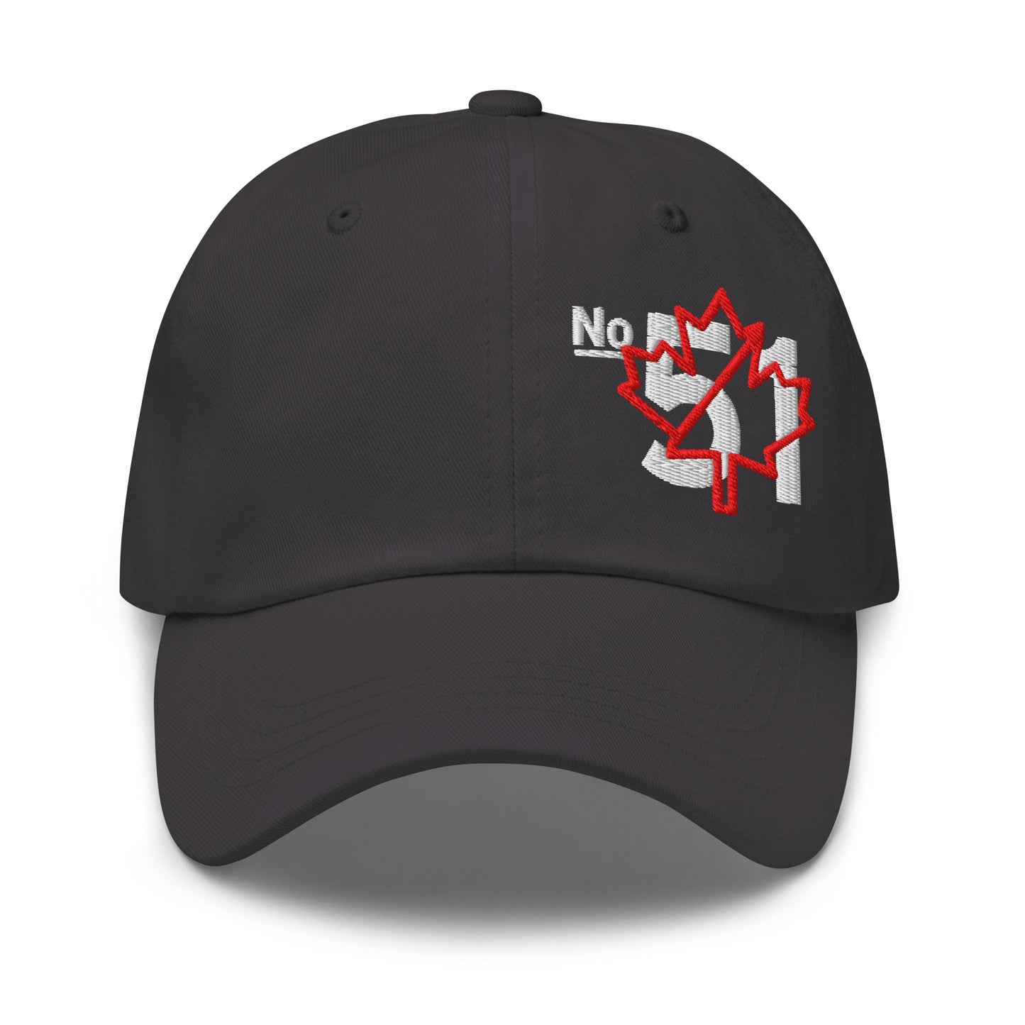 Dark grey classic dad hat embroidered with a 'Game Off | Never the 51st State' graphic by State Limit Apparel.