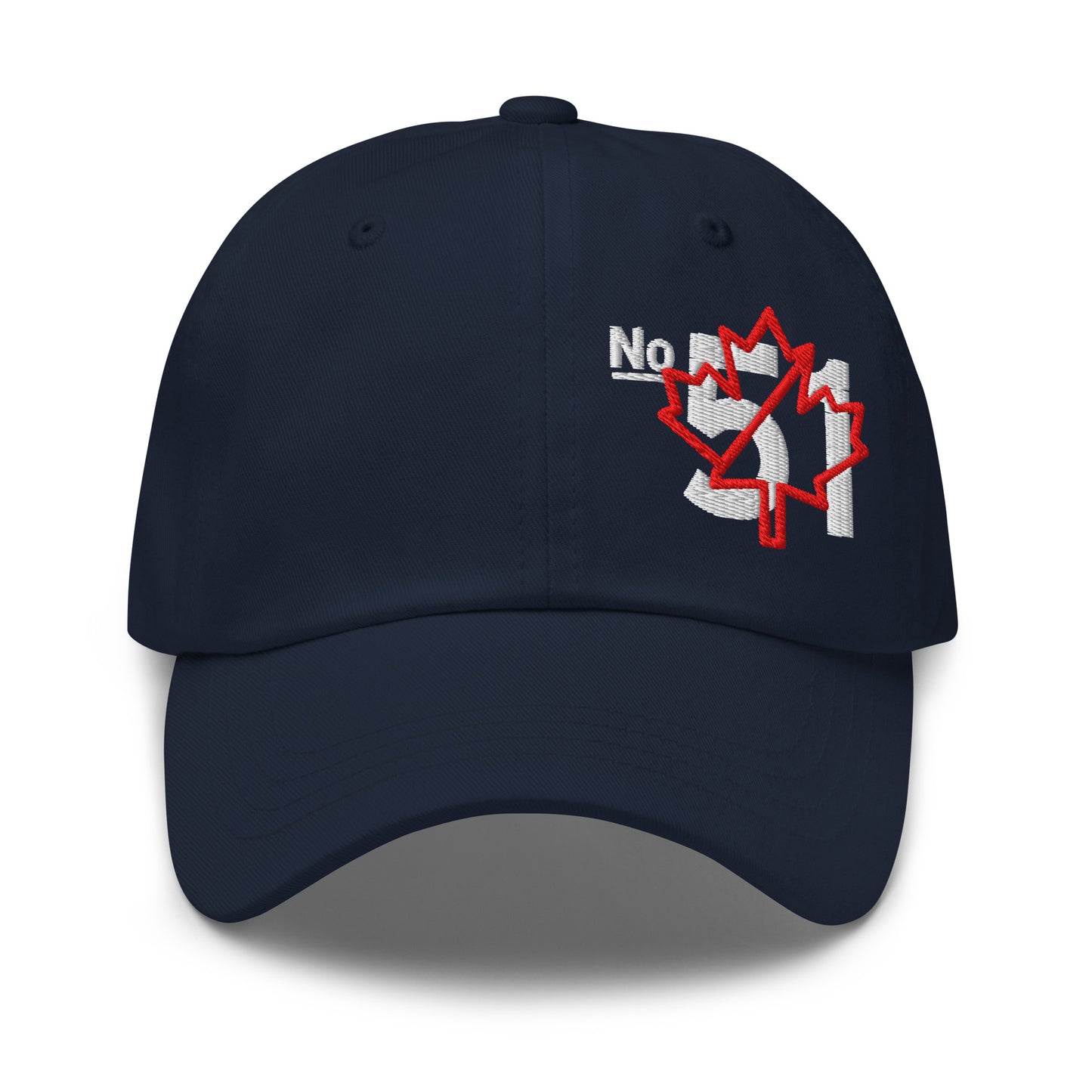 Navy blue classic dad hat embroidered with a 'Game Off | Never the 51st State' graphic by State Limit Apparel.