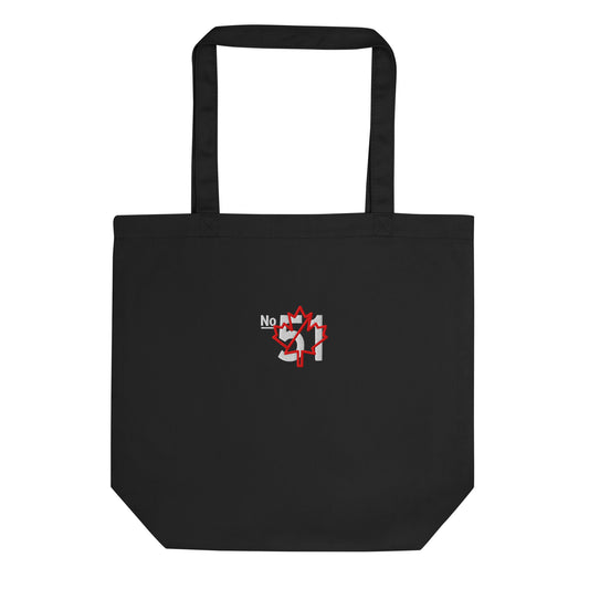A black eco-tote bag embroidered with a 'Game Off | Never the 51st State' graphic by State Limit Apparel.