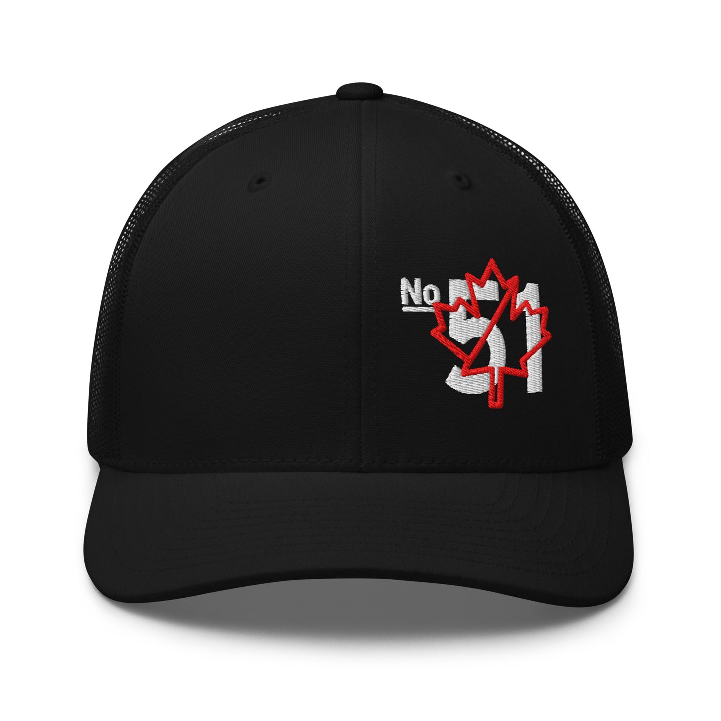 Black retro trucker hat embroidered with a 'Game Off | Never the 51st State' graphic by State Limit Apparel.