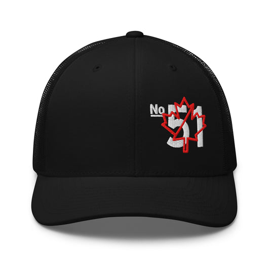 Black retro trucker hat embroidered with a 'Game Off | Never the 51st State' graphic by State Limit Apparel.