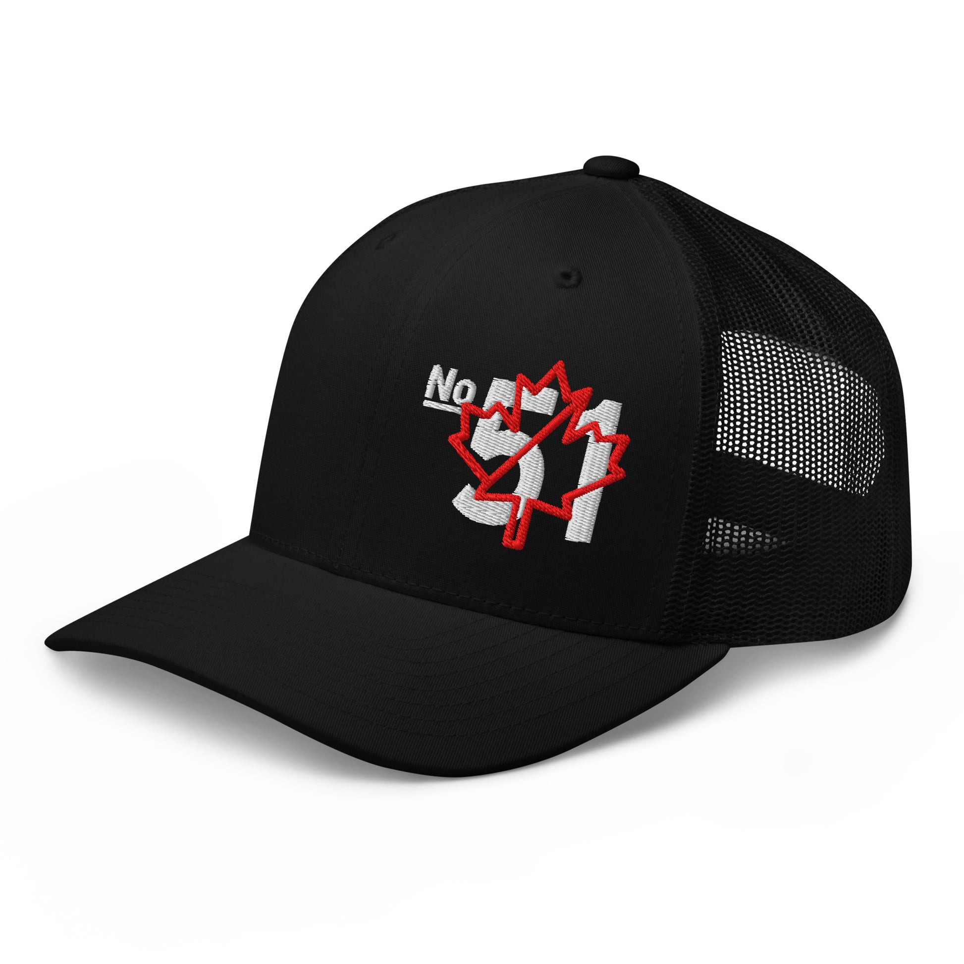 Black retro trucker hat embroidered with a 'Game Off | Never the 51st State' graphic by State Limit Apparel.