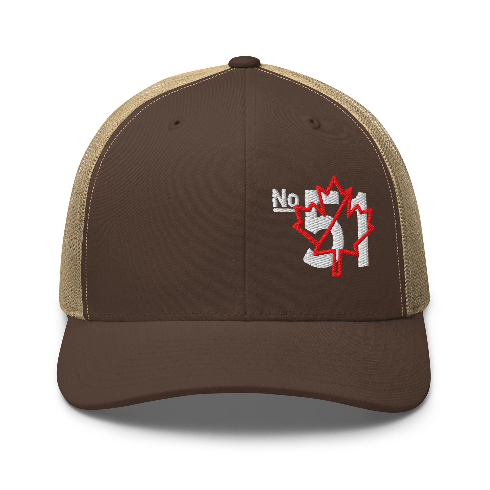 Brown-khaki retro trucker hat embroidered with a 'Game Off | Never the 51st State' graphic by State Limit Apparel.