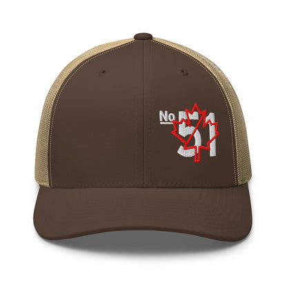 Brown-khaki retro trucker hat embroidered with a 'Game Off | Never the 51st State' graphic by State Limit Apparel.