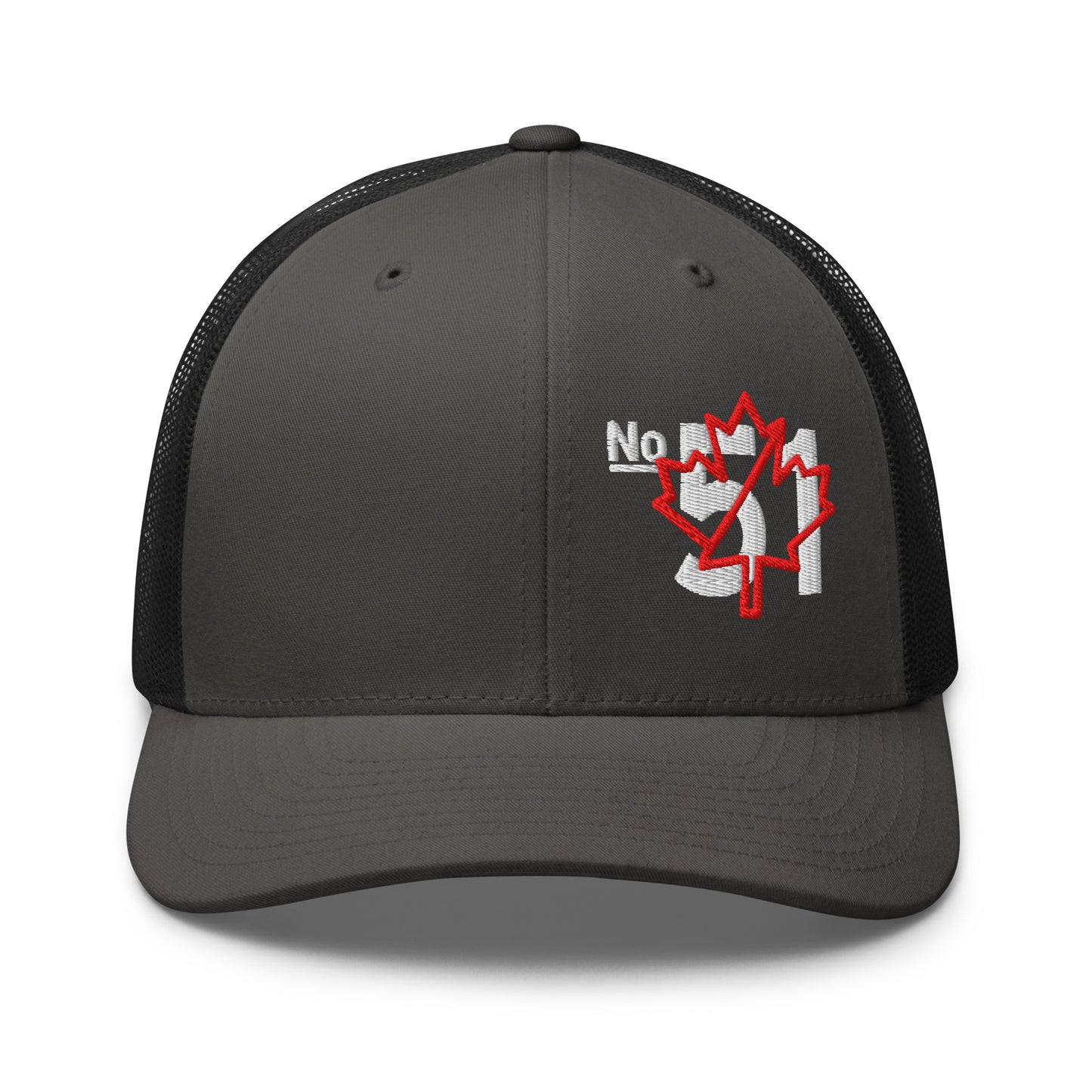 Charcoal-black retro trucker hat embroidered with a 'Game Off | Never the 51st State' graphic by State Limit Apparel.