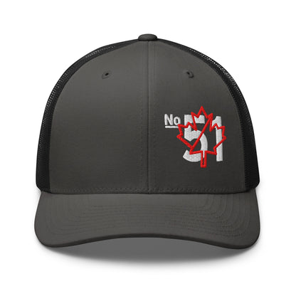 Charcoal-black retro trucker hat embroidered with a 'Game Off | Never the 51st State' graphic by State Limit Apparel.