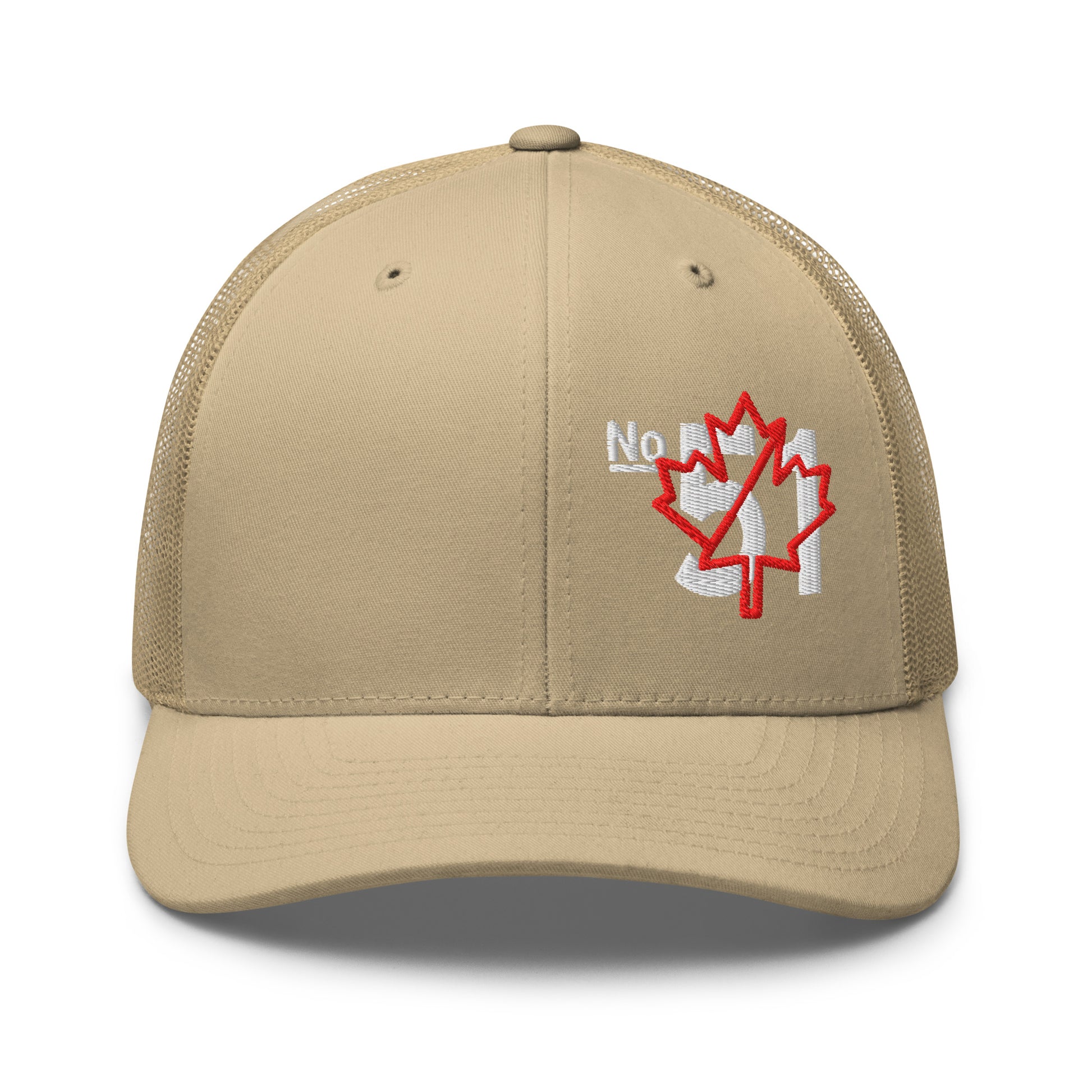 Khaki retro trucker hat embroidered with a 'Game Off | Never the 51st State' graphic by State Limit Apparel.