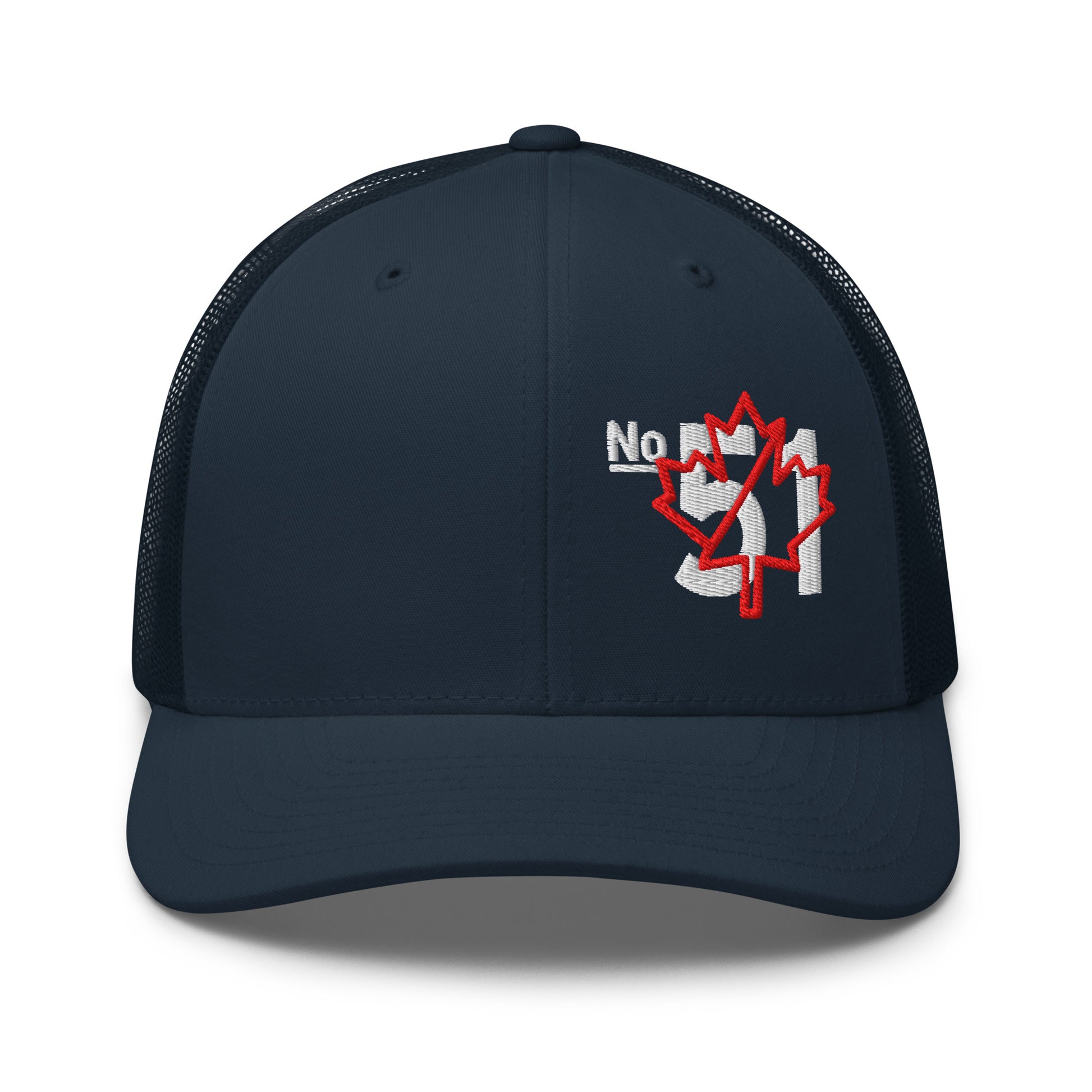 Navy blue retro trucker hat embroidered with a 'Game Off | Never the 51st State' graphic by State Limit Apparel.