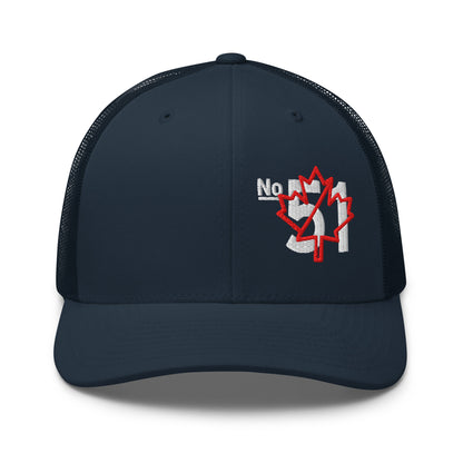 Navy blue retro trucker hat embroidered with a 'Game Off | Never the 51st State' graphic by State Limit Apparel.